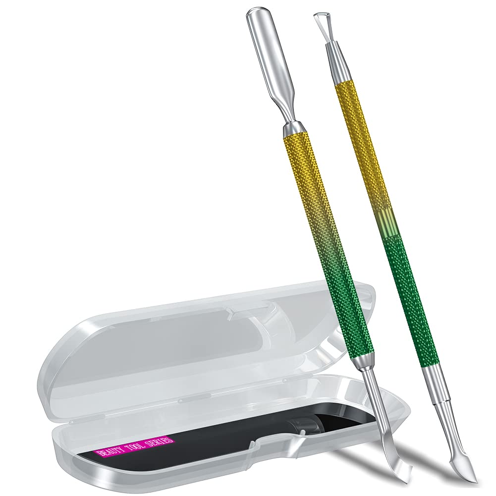 2PCS Metal Yellow-Green Gradient Cuticle Pusher and Cutter Remover Salon Quality Stainless Steel Gel Nail Polish Peeler Scraper Durable Manicure and Pedicure Cleaner Tool For Fingernail and Toenail