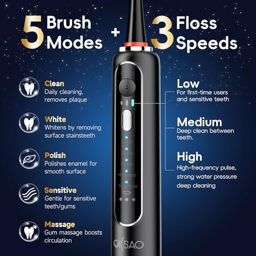Electric Toothbrush with Water Flosser Combo in One, Professional Flossing Toothbrush for Teeth Cleaning and Flossing, Plaque Removal,Rechargeable with 5 Replacement Brush Heads