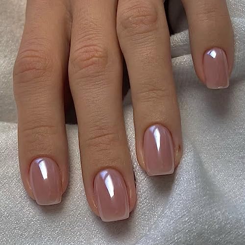 Press on Nails Short Square Acrylic Fake Nails with Apricot Design Full Cover False Nails Glossy Nude Glue on Nails Artificial Stick on Nails for Women 24Pcs (Lady Pink)