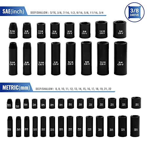 Reniteco 48-Piece 3/8" Drive Socket Set, SAE (5/16"-3/4") & Metric (8mm-22mm), Deep & Shallow Sockets, Extension Bars, 1/2" F to 3/8" M Reducer, Universal Joint, 6 Point Design - size: 3/8" 48 PCS SAE & Metric