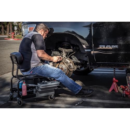 Powerbuilt Professional Mechanics Roller Seat, Heavy Duty Padded Detailer Seat and Backrest, Sliding Storage Drawers, Tool Tray, Can Holders, 4-Inch Swivel Wheels