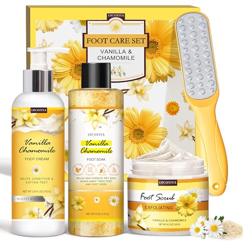 LUCOTIYA Foot Soak Set Pedicure Kit, Vanilla chamomile Foot Soak Salts,Foot File,Foot Scrub & Urea Foot Cream,Pedicure Supplies for Dry Cracked Feet for Women