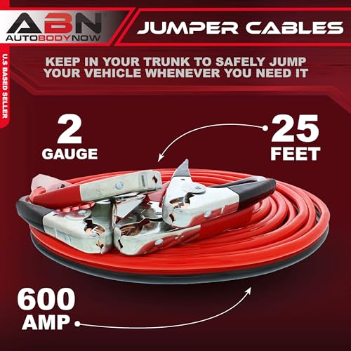 ABN Jumper Cables, 25ft Long, 2-Gauge, 600 AMP – Commercial Automotive Vehicle Booster Cables – Motorcycle Car ATV