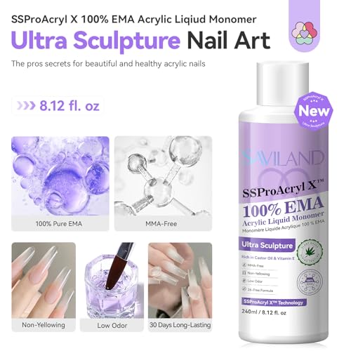 SAVILAND SSPro X Pure EMA Monomer Acrylic Nail Liquid: 240 ml Large Capacity Nail Monomer Liquid wtih 3Pcs Acrylic Nail Brushes for Nail Carving Extension Non Yellowing Home