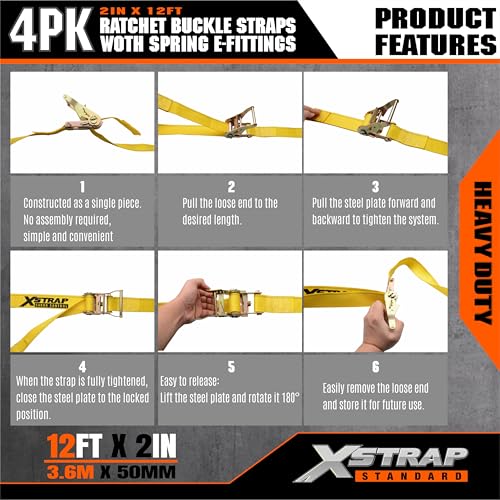 XSTRAP STANDARD 4-PK 2" x 16' E-Track Heavy Duty Ratchet Tie Down Straps | 4,400lbs Break Strength Cargo Securement Straps for Trailers, Trucks, Vans & Motorcycles with Spring Fittings (Grey) - size: Grey-4PK-16FT