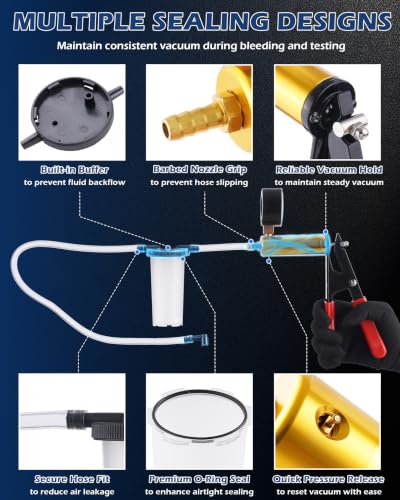 Brake Bleeder Vacuum Pump Kit, Automotive Vacuum Brake Bleeding Tool for Flush Brakes | Manual Brake Fluid & Power Steering Fluid Extractor, Self Brake Bleed Kit for Motorcycle & Car, Red
