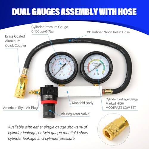 TU-21 Engine Cylinder Leak Down Tester Kit, Automotive Engine Compression Leakage Test Kit for Cars Trucks Motorcycles (Black) - color: black