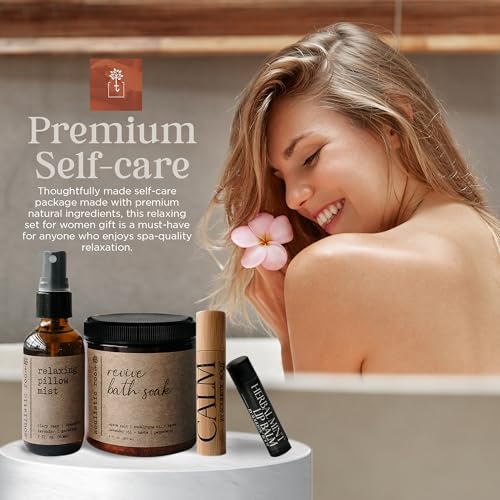Spa Kit for Women – Relaxing Self Care Gift Set with Lavender Pillow Spray, Mint Lip Balm, Calm Essential Oil Roller & Epsom Salt Bath Soak – Luxury Pampering Package for Home & Bath