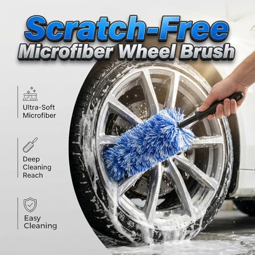 Wheel Barrel Cleaning Brush,2026 New Long Handle Microfiber Wheel Brush Car Duster,Lightweight Rim Detailing Tool for Narrow Spokes & Brake Calipers (Black+Blue Set) - color: Black+Blue Set