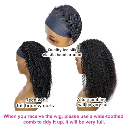 Kinky Curly Headband Wig Human Hair 20 Inch Headband Wigs for Women Human Hair Glueless None Lace Front Curly Wave Wigs Brazilian Virgin Hair Wear and Go Glueless Wig 150% Density Natural Black Color