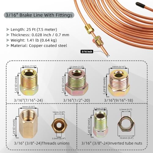 Wostore 25FT Brake Line Kit & Flaring Tool, 24 Brass Fittings, 3/16-5/8" | Double & Single & Bubble flares flaring tool. 25FT 3/16" copper line. Cutter and reamer included. 7 sizes up to 5/8" - size: Flaring tool with 3/16" brake line