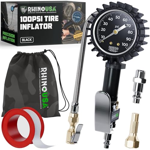 Rhino USA Tire Pressure Gauge with Inflator (0-100 PSI) - Braided Hose | Heavy Duty Air Chuck & Compressor Accessories. Stainless Braided Hose, Large Analog Dial, Solid Brass Hardware. - style: 100psi Analog