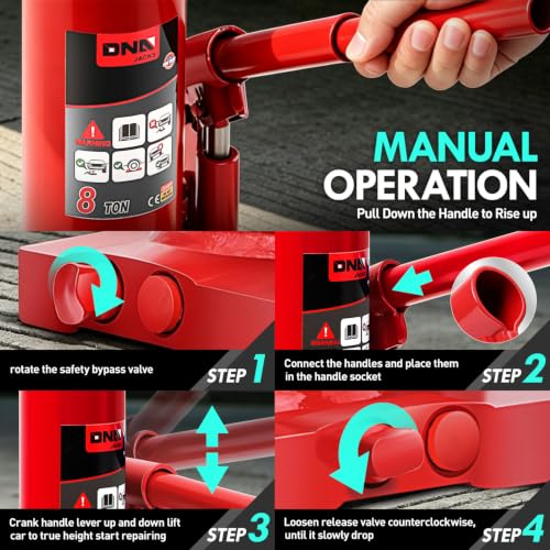 DNA Motoring 8 Ton Hydraulic Car Bottle Jack, Red, 16000 lbs Capacity | Automotive Welded Bottle Jack For Car SUV Pickup Truck, Auto Repair House Lift, with Manual handle & Carrying Storage Case - color: red, style: 8 ton