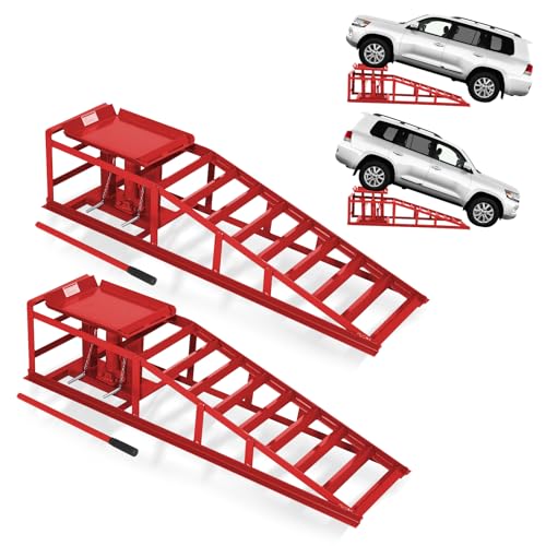 GarveeTech Hydraulic Car Ramps 2-Pack, 11000 LBS Low Profile Portable Car Lift Ramp for Oil Change & Garage Repair, Heavy Duty Steel Ramps for Trucks/Low Cars (Red) (red, 5 T) - color: Red