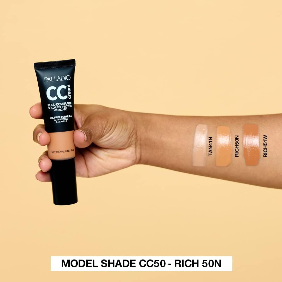 Palladio Full-Coverage Color Correction CC Cream, Oil-Free w/ Peptides&Vitamin C, Best for Correcting Redness&Uneven Skin Tone, Buildable Foundation (Rich 51W, Warm Undertone), 0.87 Fl Oz (Pack of 1)
