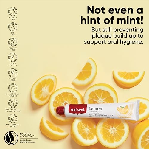 Red Seal Fluoride Free Lemon Toothpaste - Flavored Toothpaste with a Non Mint Taste - Vegan Friendly, Cruelty Free, No Artificial Colors or Flavors, NATRUE Certified Natural, SLS Free, 3.53 oz (2)
