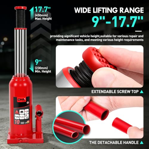 DNA Motoring 10 Ton Hydraulic Car Bottle Jack, Red, 20000 lbs Capacity | Automotive Welded Bottle Jack For Car SUV Pickup Truck, Auto Repair House Lift, With Manual Handle - color: red, style: 10 ton