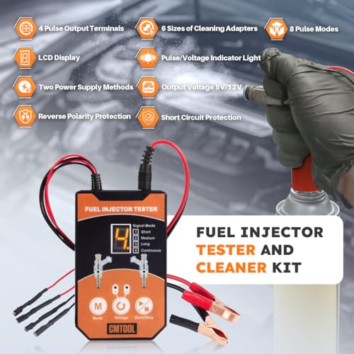 CMTOOL Fuel Injector Tester and Cleaner Tool Kit, Upgraded 6 Cleaning Adapters & 8 Pulse Modes, DIY Tool, Car Fuel Injector Cleaner Kit, 5V/12V Output Voltage Level