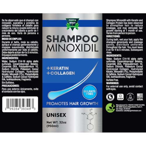 Minoxidil Shampoo – Sulfate-Free with Keratin & Collagen – Deep Cleansing & Nourishing Formula for Fuller, Thicker-Looking Hair – Unisex – 32oz (950ml)