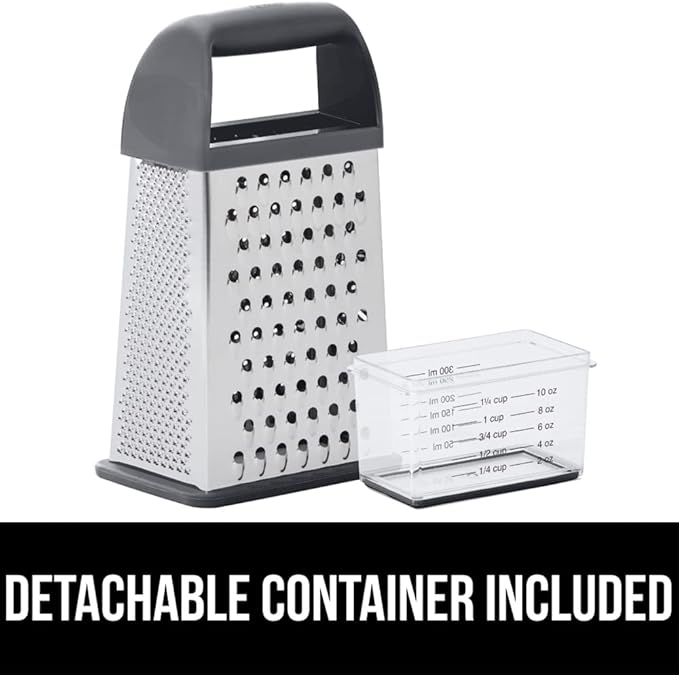 GORILLA GRIP 4-Sided 100% BPA-Free Cheese Grater With Container, Stainless Steel XL Box Graters, Parmesan Shredder, Grate Cheeses, Shred Veggies, Slip Resistant Handle, Dishwasher Safe Zester, Gray