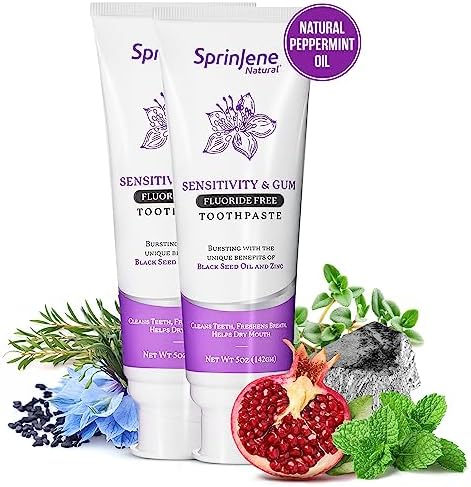 SprinJene Natural Sensitivity & Gum, Fluoride Free Toothpaste for Strong Teeth & Gums - Natural Toothpaste to Soothe Dry Mouth & Freshen Breath | 2 Pack
