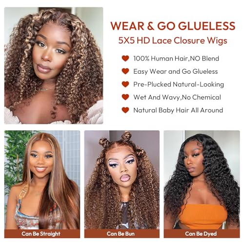 Wear and Go Glueless 5x5 HD Lace Closure Wigs Human Hair Deep Wave Wig Human Hair Pre Plucked Pre Cut P4/27 Honey Blonde Ombre Highlight Wig Human Hair 180% Density 20 Inch