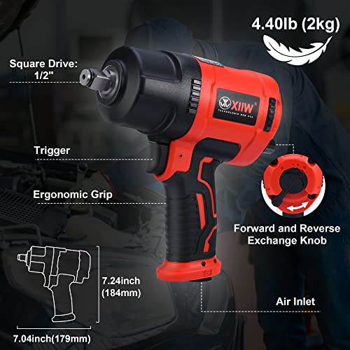 XIIW 1/2 Inch Air Impact Wrench, Max Torque 1560 ft-lbs, Lightweight 4.4 lb | Heavy Duty 8000RPM 1/2 Air Impact Gun Driver, Twin Hammer Pneumatic Impact Wrench for Automobile Repair - size: 1/2 inch | 1560 ft-lbs