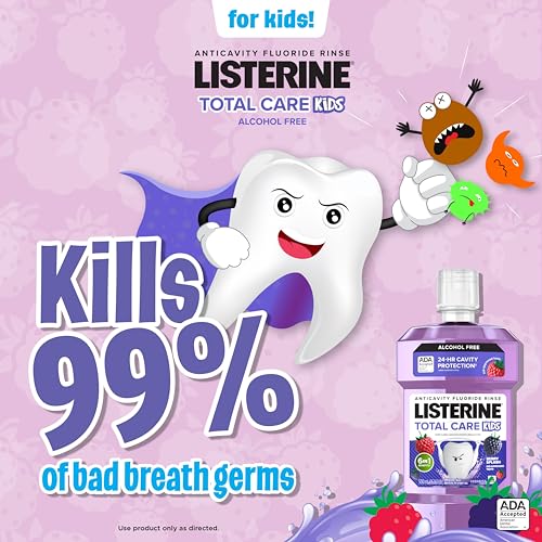 Listerine Total Care Kids Mouthwash, ADA Accepted, Alcohol-Free Anticavity Sodium Fluoride Mouthwash, Oral Rinse for Cavity Protection, Berry Splash Flavor for Kids Oral Care, 16.9 Oz, 6-Pack