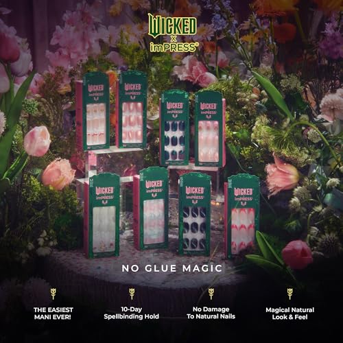 WICKED X imPRESS Press On Nails, New Improved Adhesive, Up To 10 Day Hold, ‘Unlikely Friendship’, Pink, Medium Almond, Includes 30 Fake Nails, 1 Prep Pad, 1 Manicure Stick, 1 Mini File