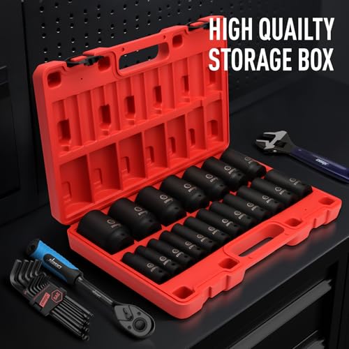 DISEN 19 Pcs 1/2" SAE Impact Socket Set | Deep Sockets 3/8"- 1-1/2", 6-Point Cr-V & Alloy Steel, 1/2 Inches Drive, Rugged Construction, Enhanced Storage Case - style: 1/2" SAE Impact Socket Set