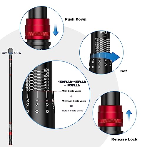 SUERCUP 3/4-inch Drive Click Torque Wrench, 100-850ft.lb/135.5-1151.8Nm | ±3% Accuracy, Heavy Duty Torque Wrench, Professional, Dual Direction Adjustable, 48-Tooth, for Truck & Tractor Maintenance - size: 3/4" 100-850Ft.Lb/135.5-1151.8N.m