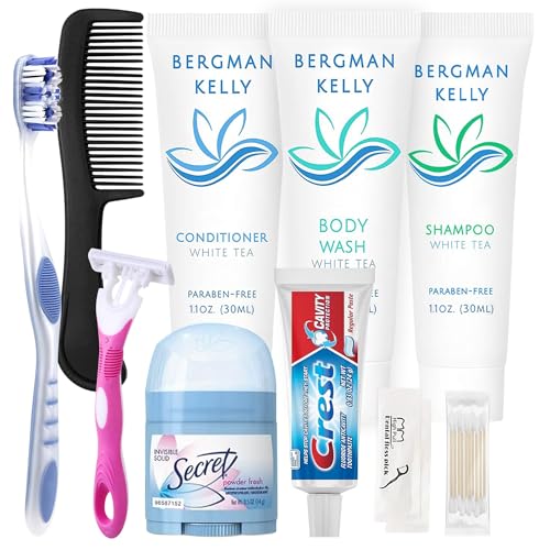 Trektote Travel Toiletry Kit For Women – (50 Pack) 12 Piece Set Of Travel Size Toiletries, TSA Compliant, Travel Essentials, Includes Shampoo And Conditioner, Body Wash, Toiletry Bag & More