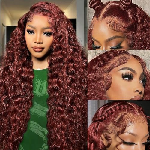 Reddish Brown Lace Front Wigs Human Hair 30 Inch Reddish Brown Curly Lace Front Wig 180 Density 33# Deep Wave 13x6 HD Lace Frontal Wigs Human Hair Pre Plucked for Women Auburn Colored Human Hair wig