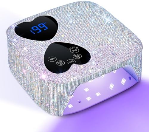 UV LED Nail Lamp Cordless, HUITINE 80W Rechargeable UV Light for Gel Nails, Professional Gel Light Dryer with 5 Timers & Mirror Base, Sparkling Rhinestones Diamond Curing Lamp for Salon & Home