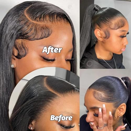 Edges Hair HD Lace Strips for Women - Reusable Invisible Lace Hairline with 4 Pcs Natural Handmade Real Human Hair Pieces, Black Color