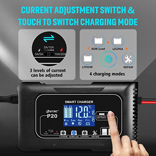 20Amp 12/24V Smart Car Battery Charger Fully Automatic Maintainer, Trickle Charger/Desulfator with Overcharge Protection & Temperature Compensation for LiFePO4 Lead Acid Lithium Batteries
