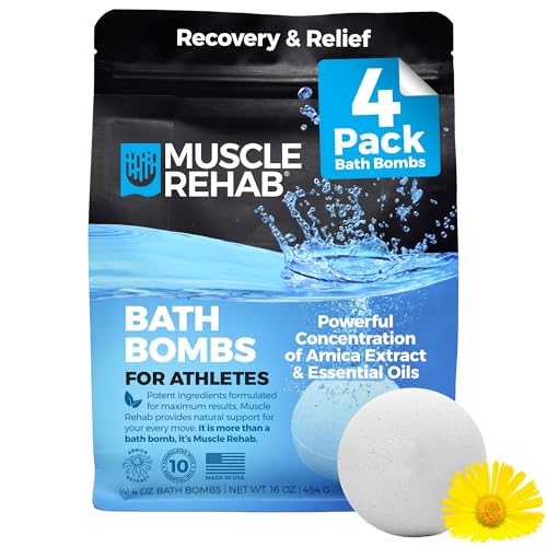 Epsom Salt Bath Bombs with Arnica – Muscle Recovery Bath Soak for Aches & Tension Using Clary Sage, Vetiver & Eucalyptus – Magnesium Bath Bombs | Transdermal Bath Soak for Muscle Pain, 4 Bombs