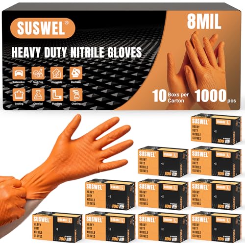 HEAVY DUTY 8 Mil Orange Nitrile Gloves, Diamond Textured Disposable Industrial Mechanic Rubber Gloves 1000PCs - size: Medium
