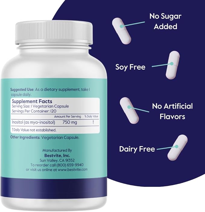 BESTVITE Inositol 750 mg as Myo Inositol (120 Vegetarian Capsules) - No Stearates - Vegan - Non GMO - Gluten Free