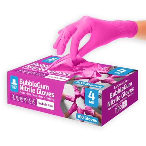 London Labs 4 Mil – Fuchsia Pink Nitrile Gloves – Disposable Latex Free & Powder Free– Chemical Resistant, Pink Rubber Gloves - size: Medium, style: Bubblegum - 100 Count