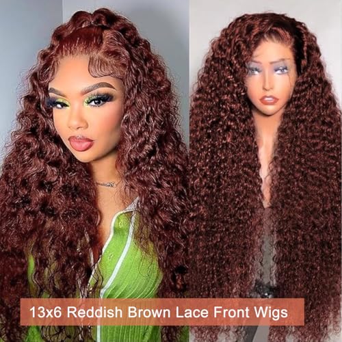 Reddish Brown Lace Front Wigs Human Hair 30 Inch Reddish Brown Curly Lace Front Wig 180 Density 33# Deep Wave 13x6 HD Lace Frontal Wigs Human Hair Pre Plucked for Women Auburn Colored Human Hair wig