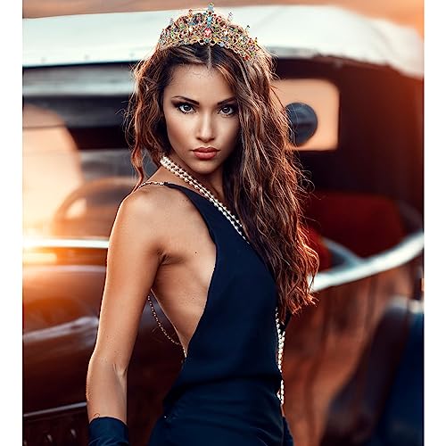 Velscrun Colourful Crystal Birthday Queen Tiara Crown for Women Girls Birthday Queen Headband Sash Elegant Princess Crown with Combs Hair Accessories Happy Birth Party Decorations Mom Birth Gift