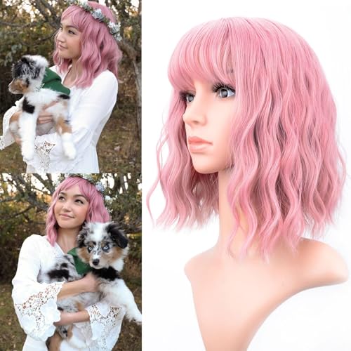 VCKOVCKO Pastel Wavy Wig With Air Bangs Women's Short Bob Purple Pink Wigs Curly Wavy Shoulder Length Pastel Synthetic Bob Wig for White Women Girls Daily Use Colorful Wigs(12", Purple Pink)