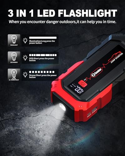 Jump Starter Battery Jumper Starter Portable Car Battery Jump Starter for Up tp All Gas & 12L Diesel, 12V 6000A Portable Jump Box with 3 Modes Flashlight and Jumper Cable | 12V Portable Car Battery Jumper Box With 3 Modes Flashlight And Jumper Cable - col