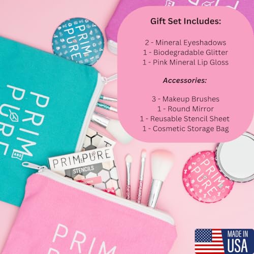 Prim and Pure Kids Makeup Gift Set - Stencil, Makeup Eyeshadow Bioglitter Lip Gloss and Cosmetic Bag Mirror Makeup Brush Accessories (Unicorn Pink)