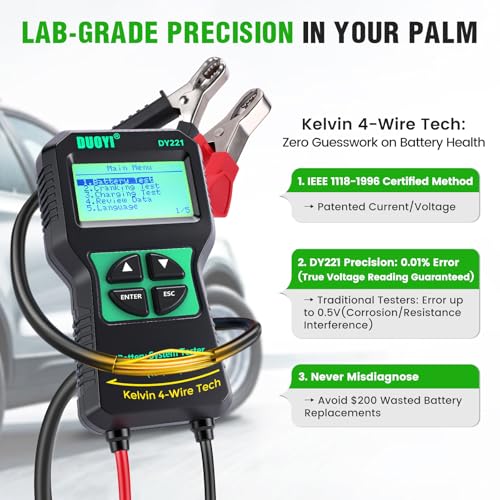 DUOYI DY221 Car Battery Tester, 12V 24V Digital Automotive Alternator Meter Diagnostic Tool,100-2000 CCA Load Capacity, Charging & Cranking Analyzer for Cars, Trucks, Motorcycles, Vans, RVs, Boats...