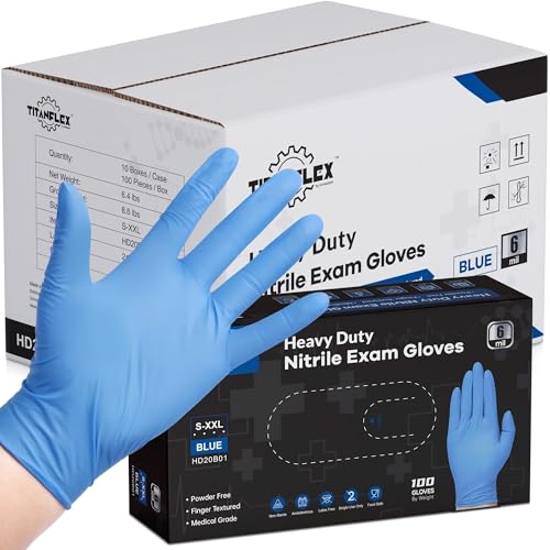 TitanFlex Nitrile Exam Gloves, Blue, 6-mil, Heavy Duty Nitrile Gloves, Mechanic Disposable Gloves, Latex Free, Powder Free - color: Blue(medium 1000)