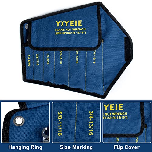 YIYEIE 11-Piece Flare Nut Wrench Set Bunlde, Metric & SAE, 9-21mm & 1/4" to 15/16'', 6 Point Open End, 15° Offset, CR-V Steel, Line Wrenches with Carrying Pouch