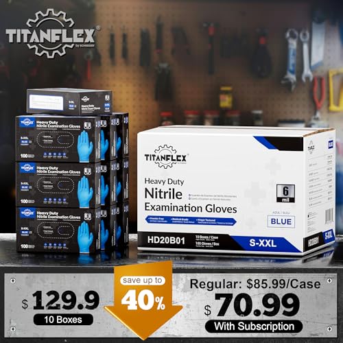 TitanFlex Nitrile Exam Gloves, Blue, 6-mil, Heavy Duty Nitrile Gloves, Mechanic Disposable Gloves, Latex Free, Powder Free - color: Blue(medium 1000)