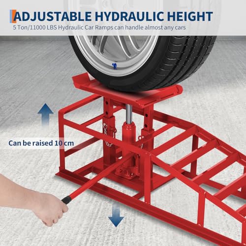 GarveeTech Hydraulic Car Ramps 2-Pack, 11000 LBS Low Profile Portable Car Lift Ramp for Oil Change & Garage Repair, Heavy Duty Steel Ramps for Trucks/Low Cars (Red) (red, 5 T) - color: Red